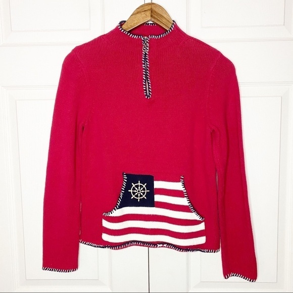 Vintage Villager Liz Claiborne Sport Red 1/4 Zip Nautical Anchor Sweater Small P - Picture 7 of 8